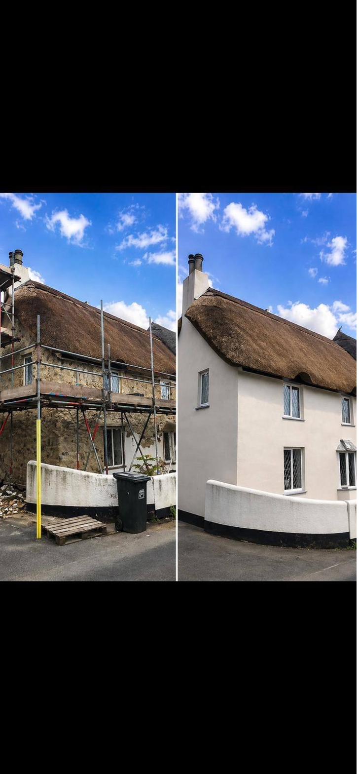 The thatched cottage after restoration, with new lime render and lime wash.